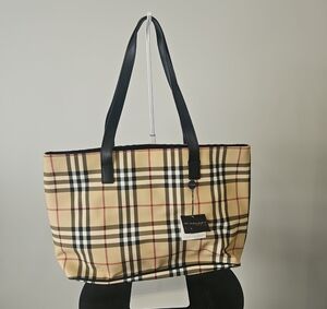 Designer-Style Tan Plaid Tote Bag with Black Handles